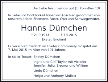 Todesanzeige von Duemchen Hanns von Rheinische Post