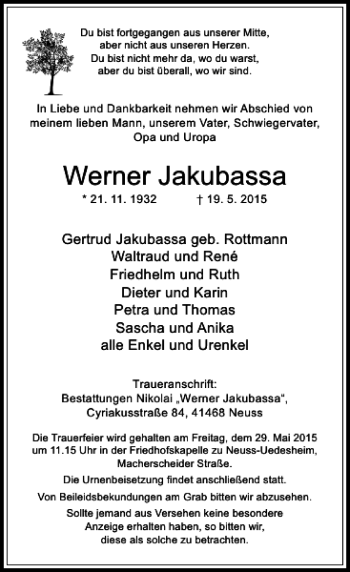 Todesanzeige von Jakubassa Werner von Rheinische Post