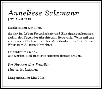 Todesanzeige von Salzmann Anneliese von Rheinische Post