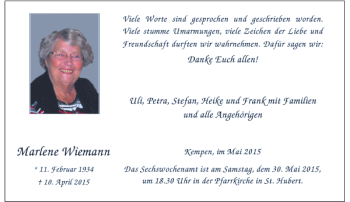 Todesanzeige von Wiemann Marlene von Rheinische Post