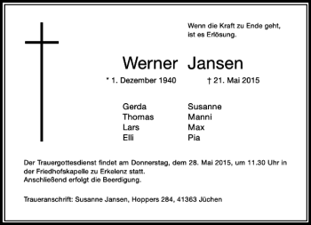 Todesanzeige von Jansen Werner von Rheinische Post