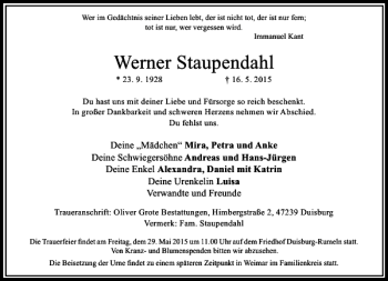 Todesanzeige von Staupendahl Werner von Rheinische Post
