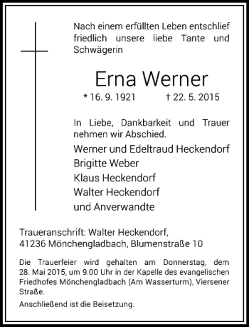 Todesanzeige von Werner Erna von Rheinische Post
