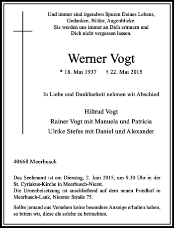 Todesanzeige von Vogt Werner von Rheinische Post