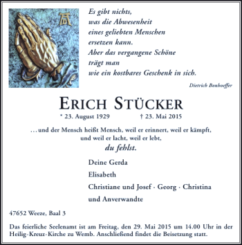 Todesanzeige von Stücker Erich von Rheinische Post