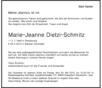 Todesanzeige von Dietzi-Schmitz Marie-Jeanne von Rheinische Post