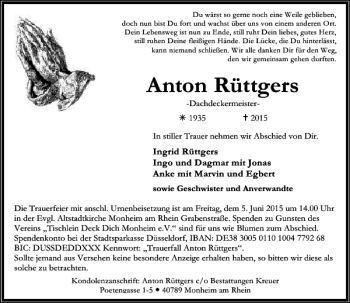 Todesanzeige von Rüttgers Anton von Rheinische Post