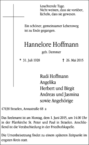 Todesanzeige von Hoffmann Hannerlore von Rheinische Post