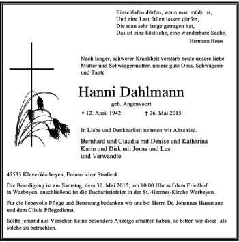 Todesanzeige von Dahlmann Hanni von Rheinische Post