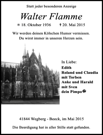 Todesanzeige von Flamme Walter von Rheinische Post