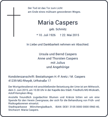 Todesanzeige von Caspers Maria von Rheinische Post
