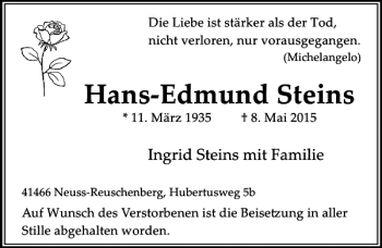Todesanzeige von Steins Hans-Edmund von Rheinische Post