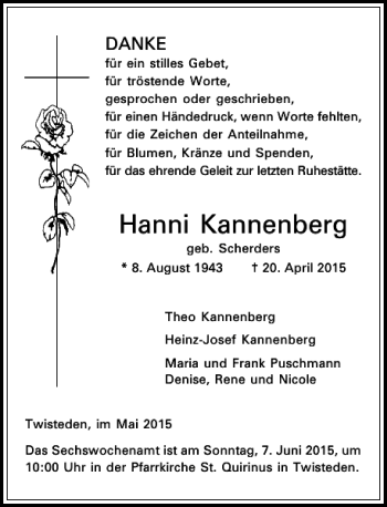 Todesanzeige von Kannenberg Johanna von Rheinische Post