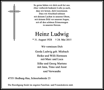 Todesanzeige von Ludwig Heinz von Rheinische Post