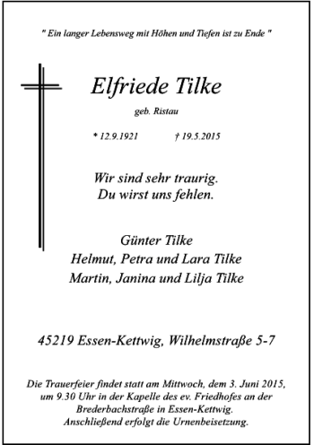 Todesanzeige von Tilke Frieda von Rheinische Post