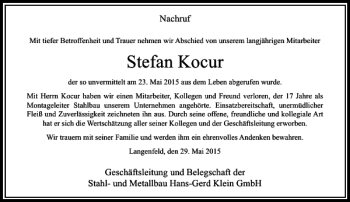 Todesanzeige von Kocur Stefan von Rheinische Post