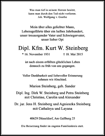 Todesanzeige von W. Steinberg Kurt von Rheinische Post