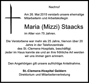 Todesanzeige von Mizzi Staacks Maria von Rheinische Post