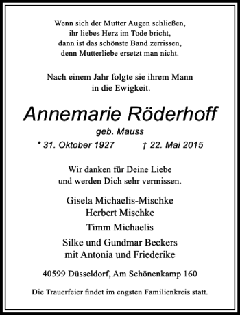 Todesanzeige von Röderhoff Annemarie von Rheinische Post