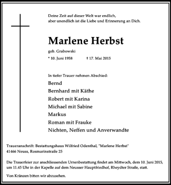 Todesanzeige von Herbst Marlene von Rheinische Post