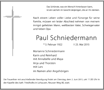 Todesanzeige von Schniedermann Paul von Rheinische Post