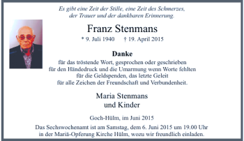 Todesanzeige von Stenmans Franz von Rheinische Post