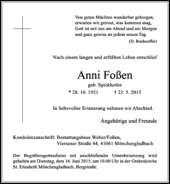 Todesanzeige von Foßen Anni von Rheinische Post