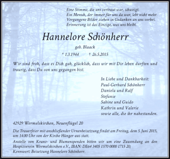 Todesanzeige von Schönherr Hannelore von Rheinische Post