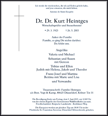 Todesanzeige von Dr. Kurt Heintges Dr. von Rheinische Post