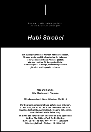 Todesanzeige von Strobel Hubi von Rheinische Post