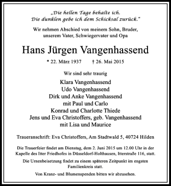Todesanzeige von Jürgen Vangenhassend Hans von Rheinische Post