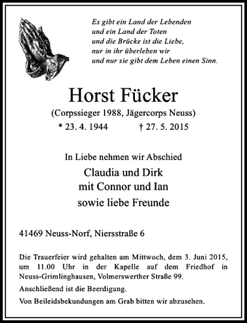 Todesanzeige von Fücker Horst von Rheinische Post