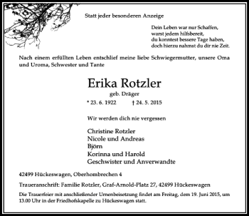 Todesanzeige von Rotzler Erika von Rheinische Post
