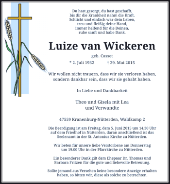 Todesanzeige von van Wickeren Luzie von Rheinische Post