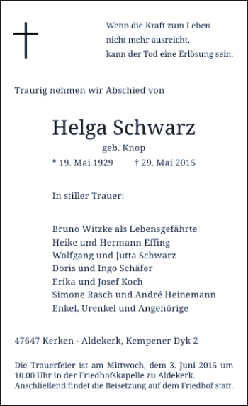Todesanzeige von Schwarz Helga von Rheinische Post