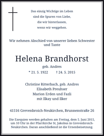 Todesanzeige von Brandhorst Helena von Rheinische Post