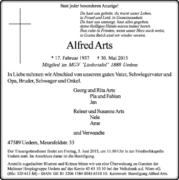 Todesanzeige von Arts Alfred von Rheinische Post