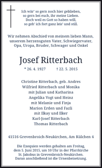 Todesanzeige von Ritterbach Josef von Rheinische Post
