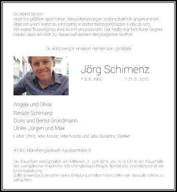 Todesanzeige von Jörg Schimenz von Rheinische Post