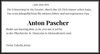 Todesanzeige von Anton Pascher von Rheinische Post