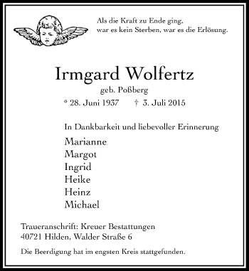 Todesanzeige von Irmgard Wolfertz von Rheinische Post