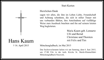 Todesanzeige von Hans Kaum von Rheinische Post
