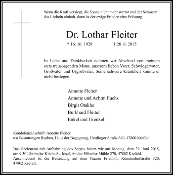 Todesanzeige von Lothar Fleiter von Rheinische Post