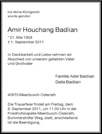 Todesanzeige von Amir Houchang Badiian von Rheinische Post
