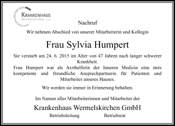 Todesanzeige von Sylvia Humpert von Rheinische Post