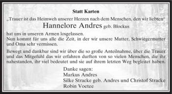 Todesanzeige von Hannelore Andres von Rheinische Post