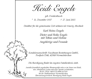 Todesanzeige von Heidi Engels von Rheinische Post