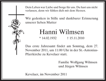 Todesanzeige von Hanni Wilmsen von Rheinische Post