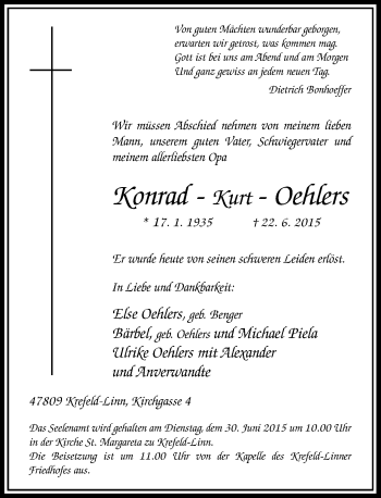 Todesanzeige von Konrad Oehlers von Rheinische Post