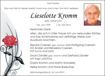 Todesanzeige von Lieselotte Kromm von Rheinische Post